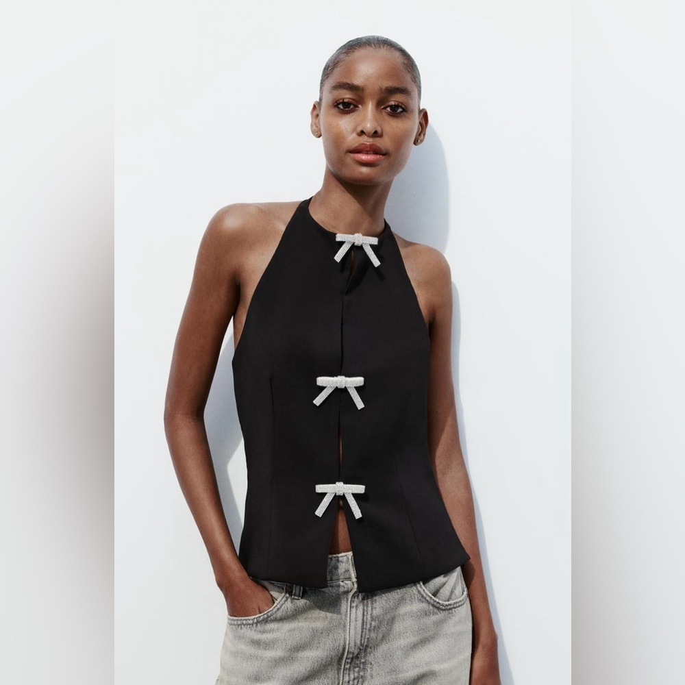 ZARA Black Fitted Halter Top Rhinestone Bows | 4772/005
